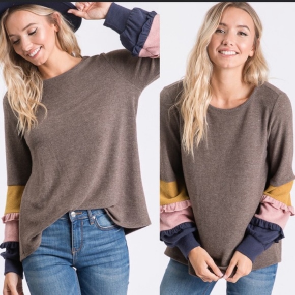 Bellanblue Tops - KIMMIE Ruffle Sleeve Detail Long Sleeve top -BROWN